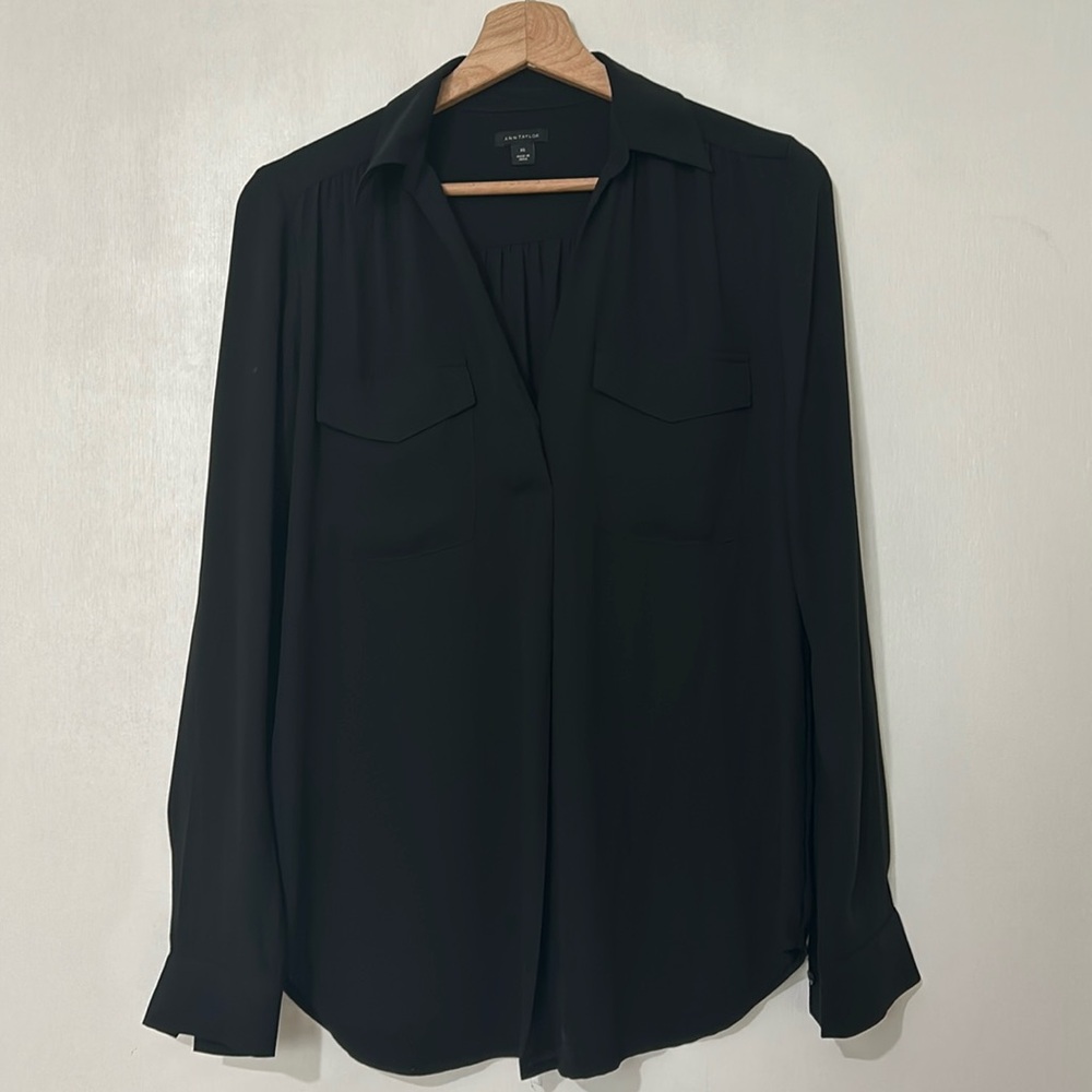 ANN TAYLOR WOMEN LONG SLEVEE PULLOVER BLOUSE OVERSIZED BLACK SZ - Picture 1 of 11